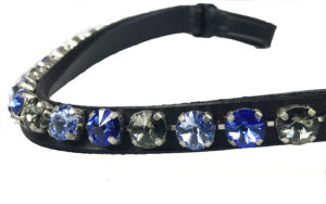 Pannband Swarovski med stora blå/gröna stenar. Svart läder